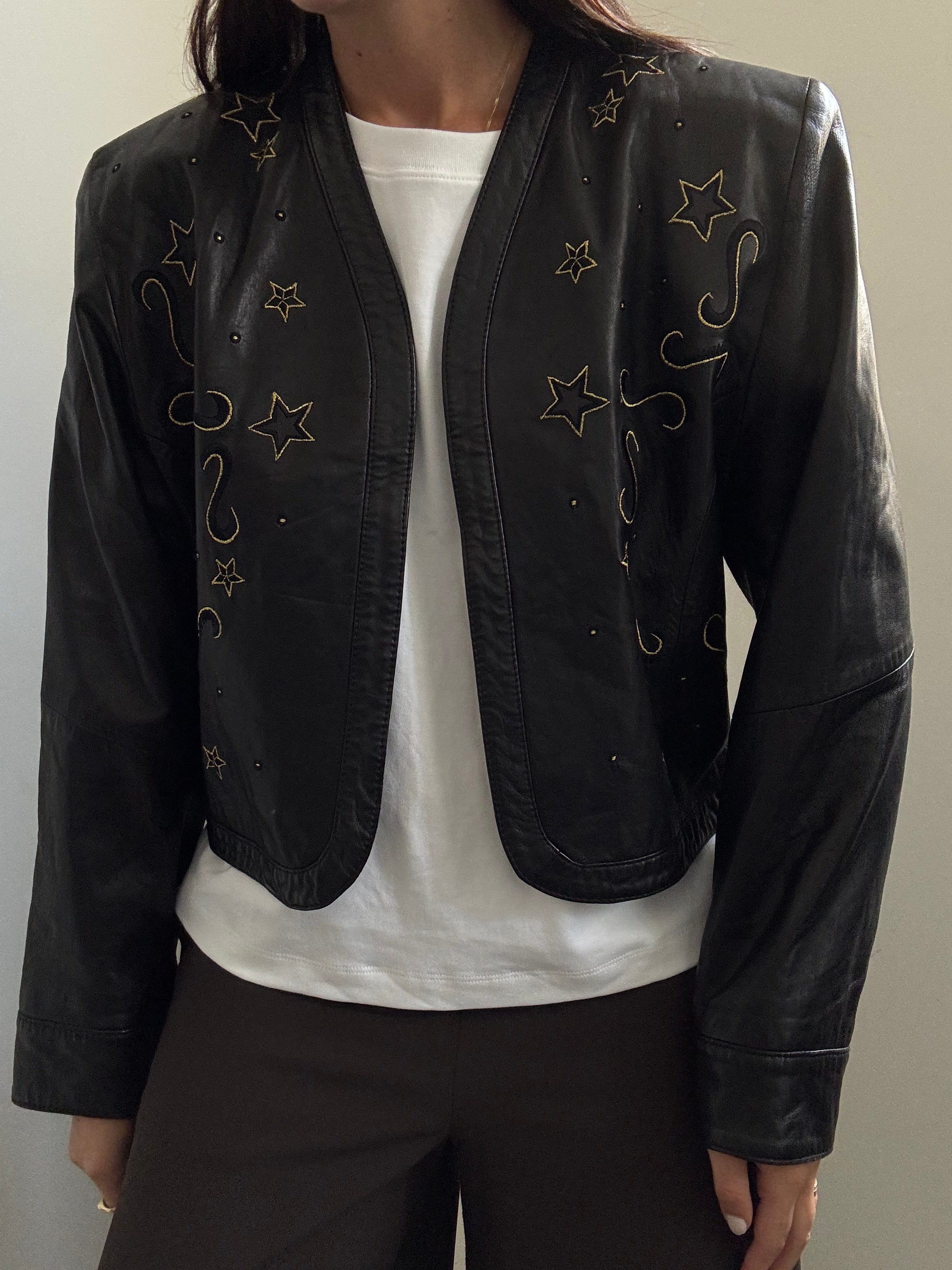 Vintage Black Western Embroidered Leather Jacket Size Medium
