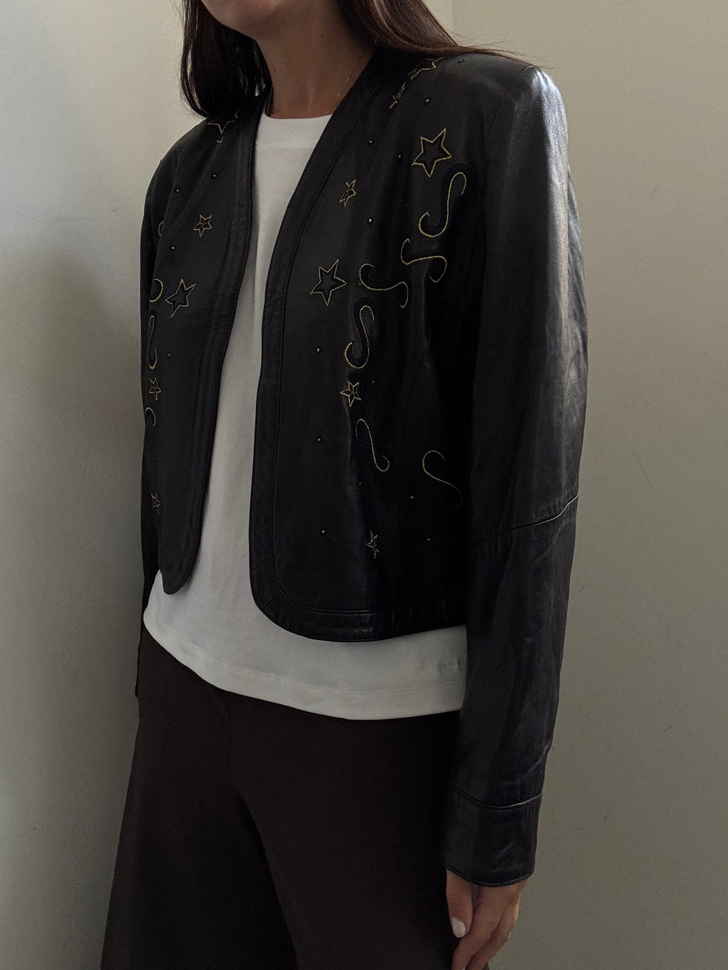 Vintage Black Western Embroidered Leather Jacket Size Medium