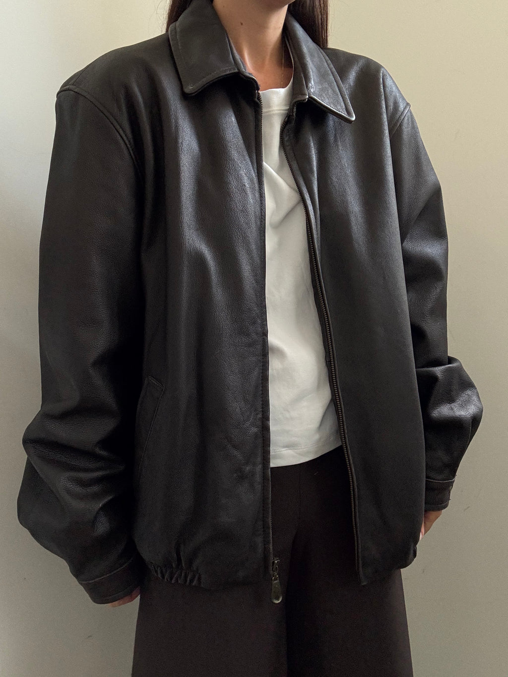 Vintage Deep Brown Zipped Leather Bomber Size Large