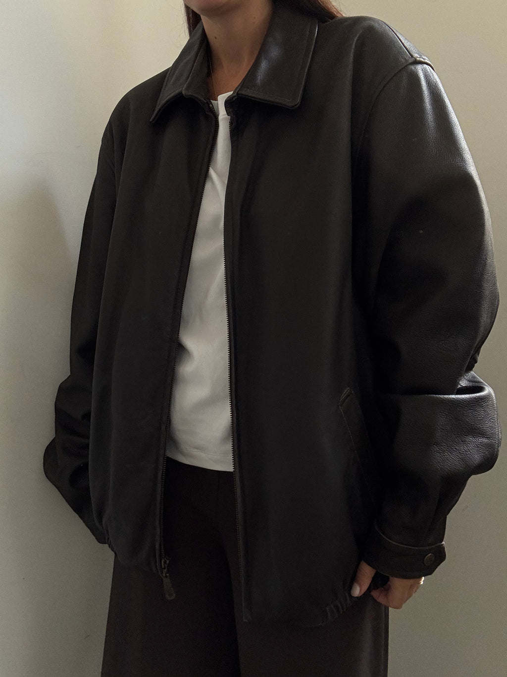 Vintage Deep Brown Zipped Leather Bomber Size Large