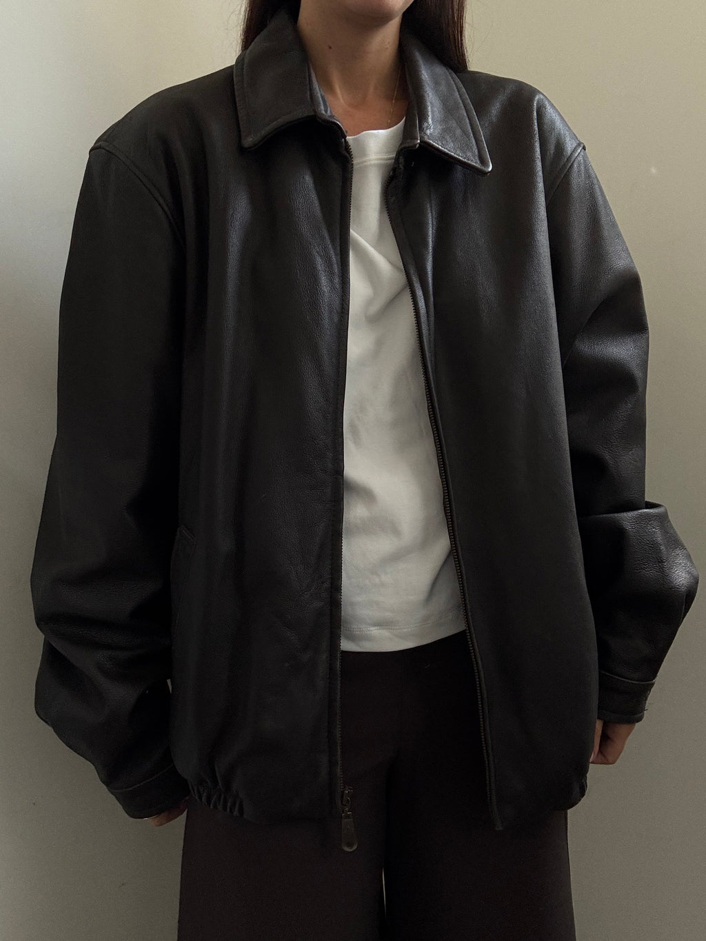 Vintage Deep Brown Zipped Leather Bomber Size Large
