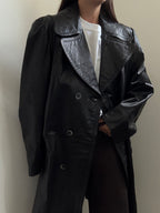 Vintage Black French Double Breasted Leather Trench Coat Size Large
