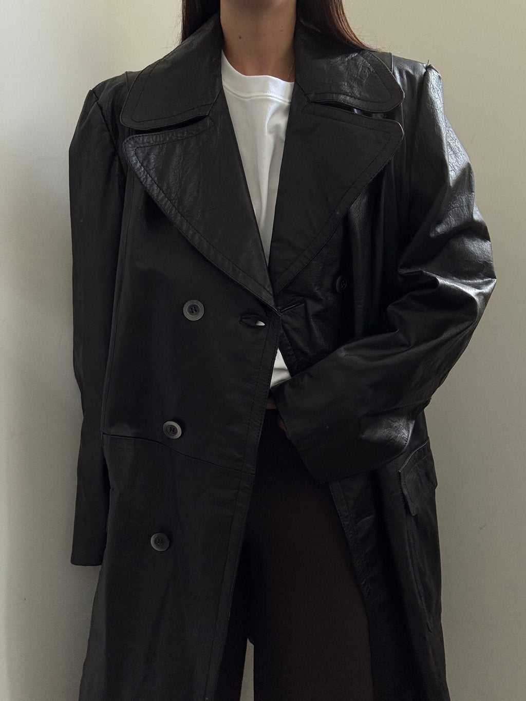 Vintage Black French Double Breasted Leather Trench Coat Size Large