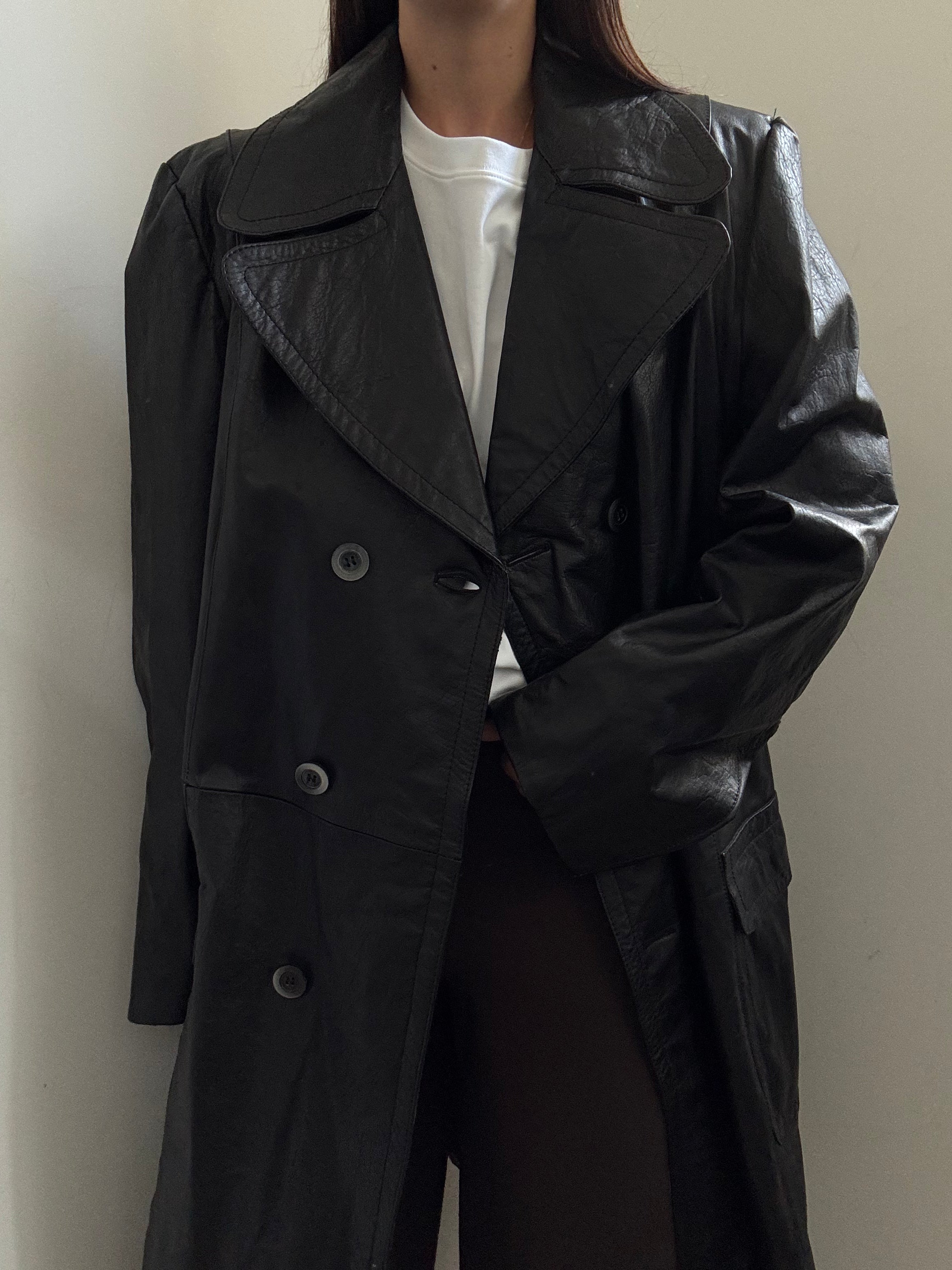 Vintage Black French Double Breasted Leather Trench Coat Size Large