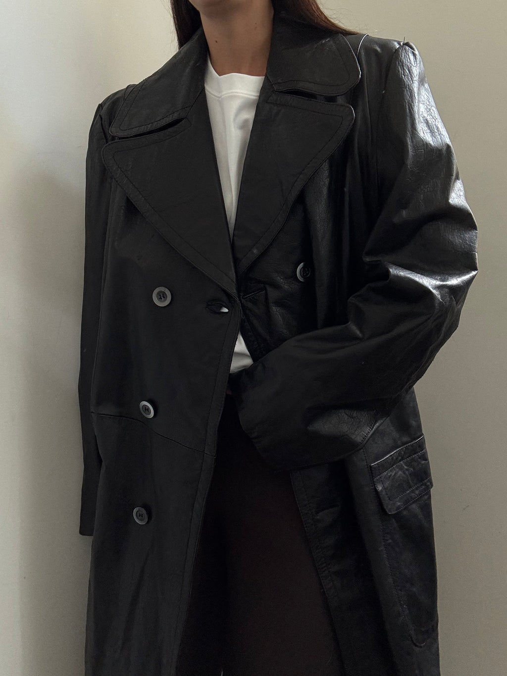 Vintage Black French Double Breasted Leather Trench Coat Size Large
