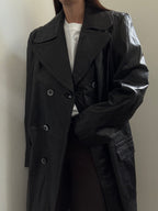 Vintage Black French Double Breasted Leather Trench Coat Size Large
