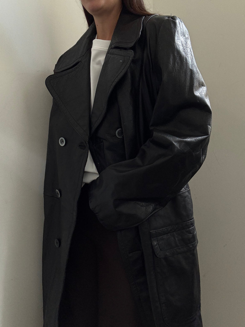 Vintage Black French Double Breasted Leather Trench Coat Size Large