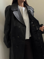 Vintage Black French Double Breasted Leather Trench Coat Size Large