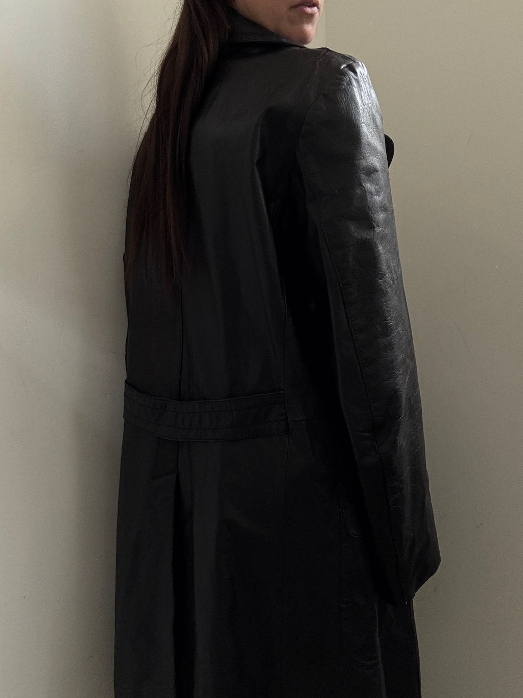 Vintage Black French Double Breasted Leather Trench Coat Size Large