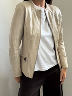 Vintage Beige Collarless Zipped Leather Jacket Size XS