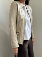 Vintage Beige Collarless Zipped Leather Jacket Size XS