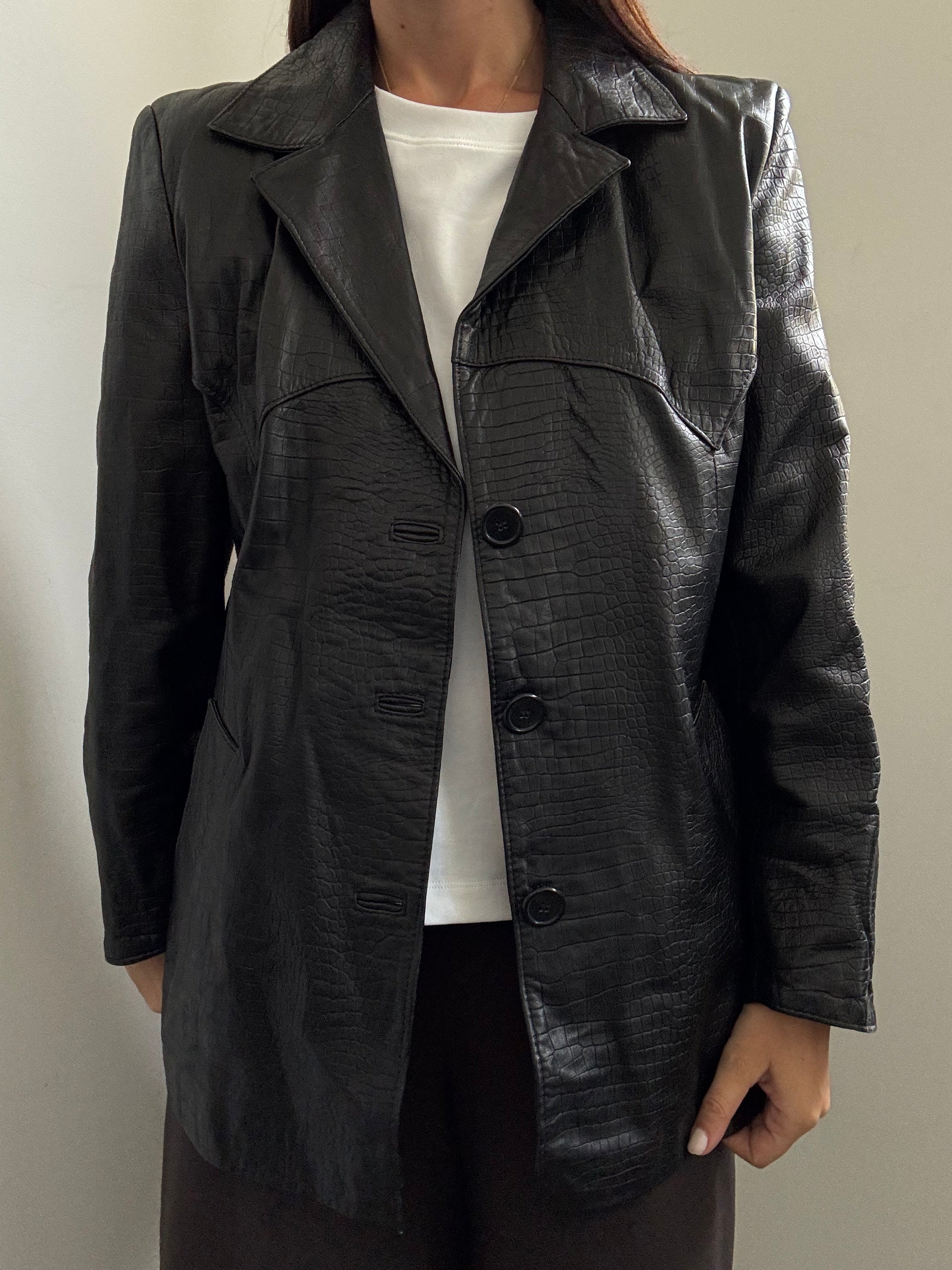 Vintage Black Embossed Crocodile Leather Jacket Size Medium