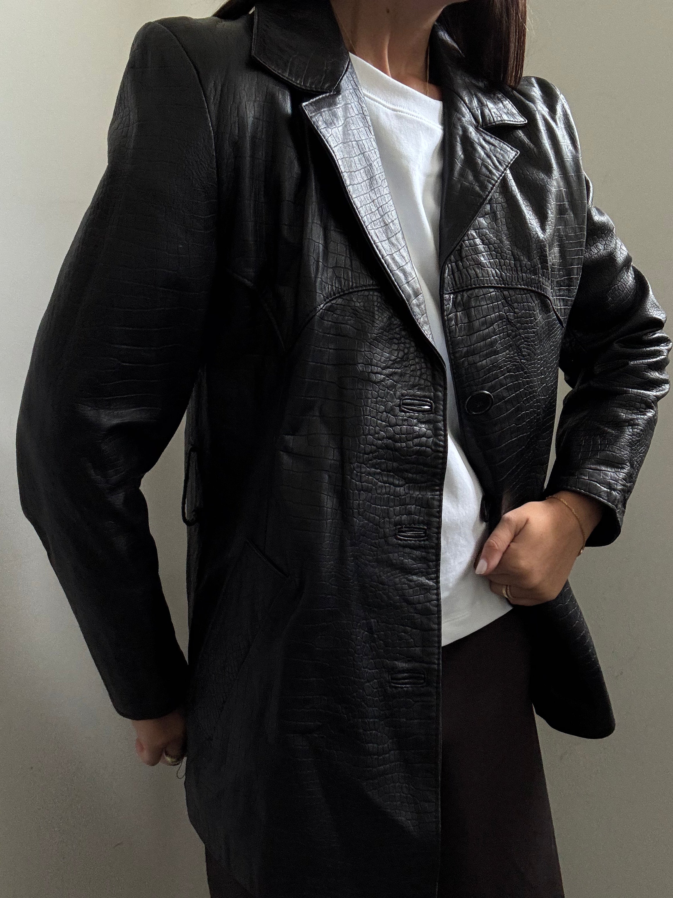 Vintage Black Embossed Crocodile Leather Jacket Size Medium