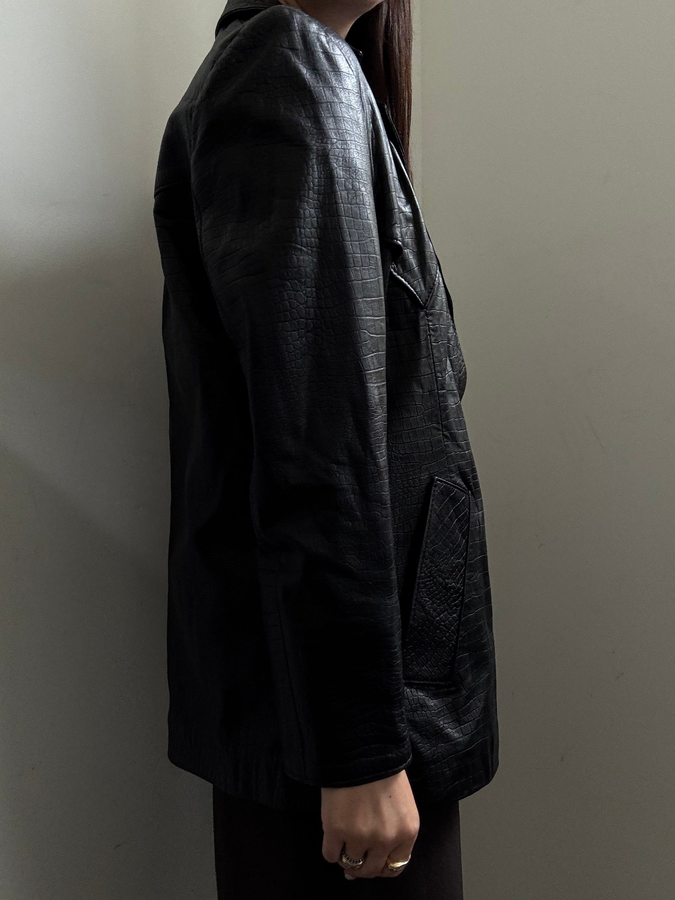 Vintage Black Embossed Crocodile Leather Jacket Size Medium