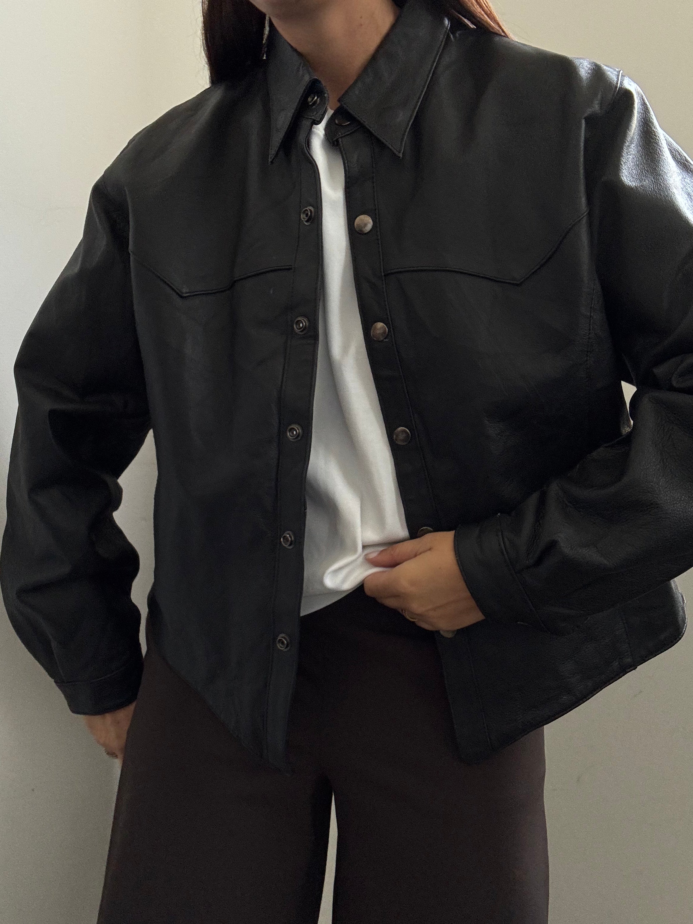 Vintage Western Black Leather Buttoned Jacket Size Medium