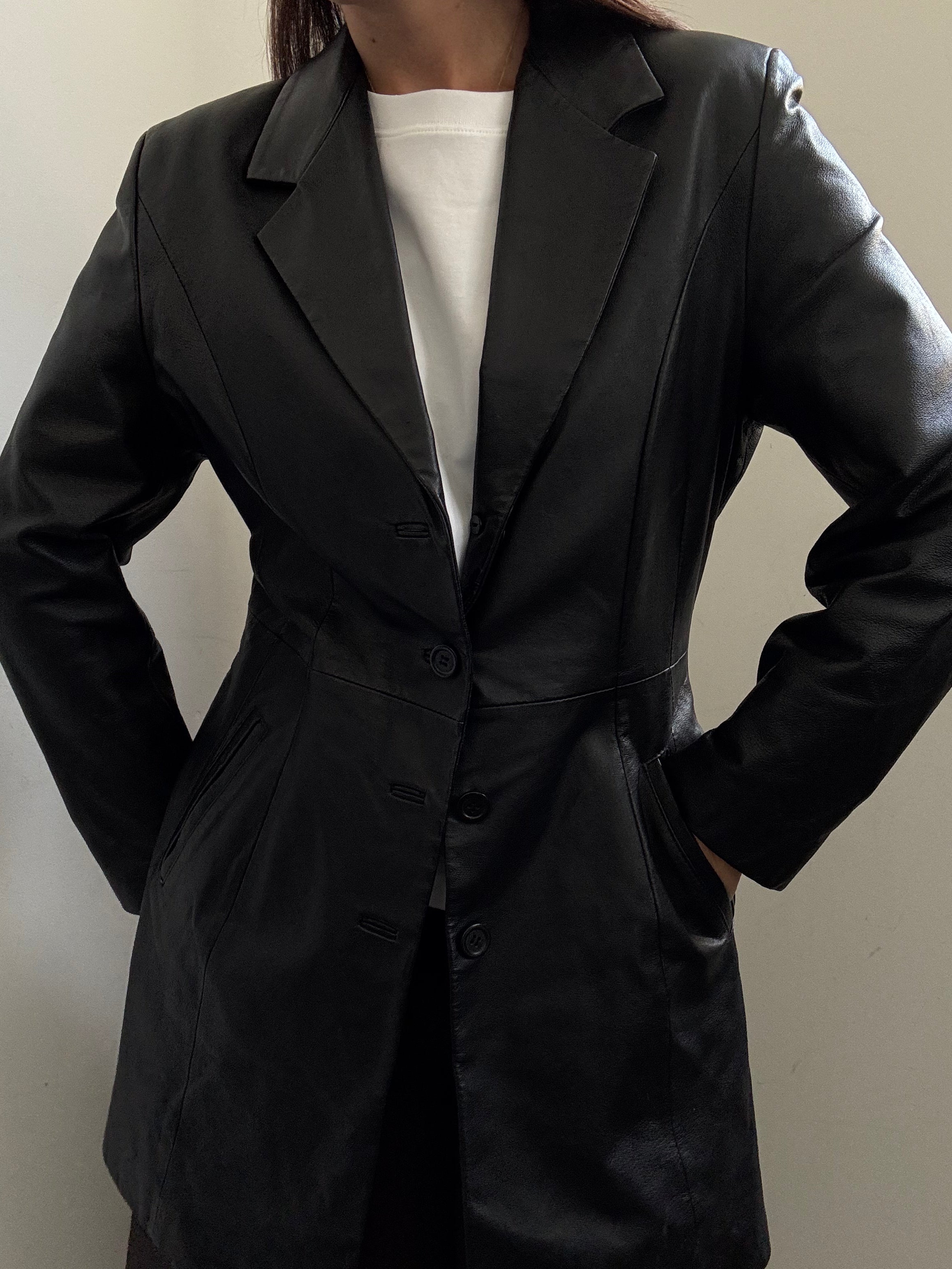 Vintage Black Leather Trench Coat Size Small