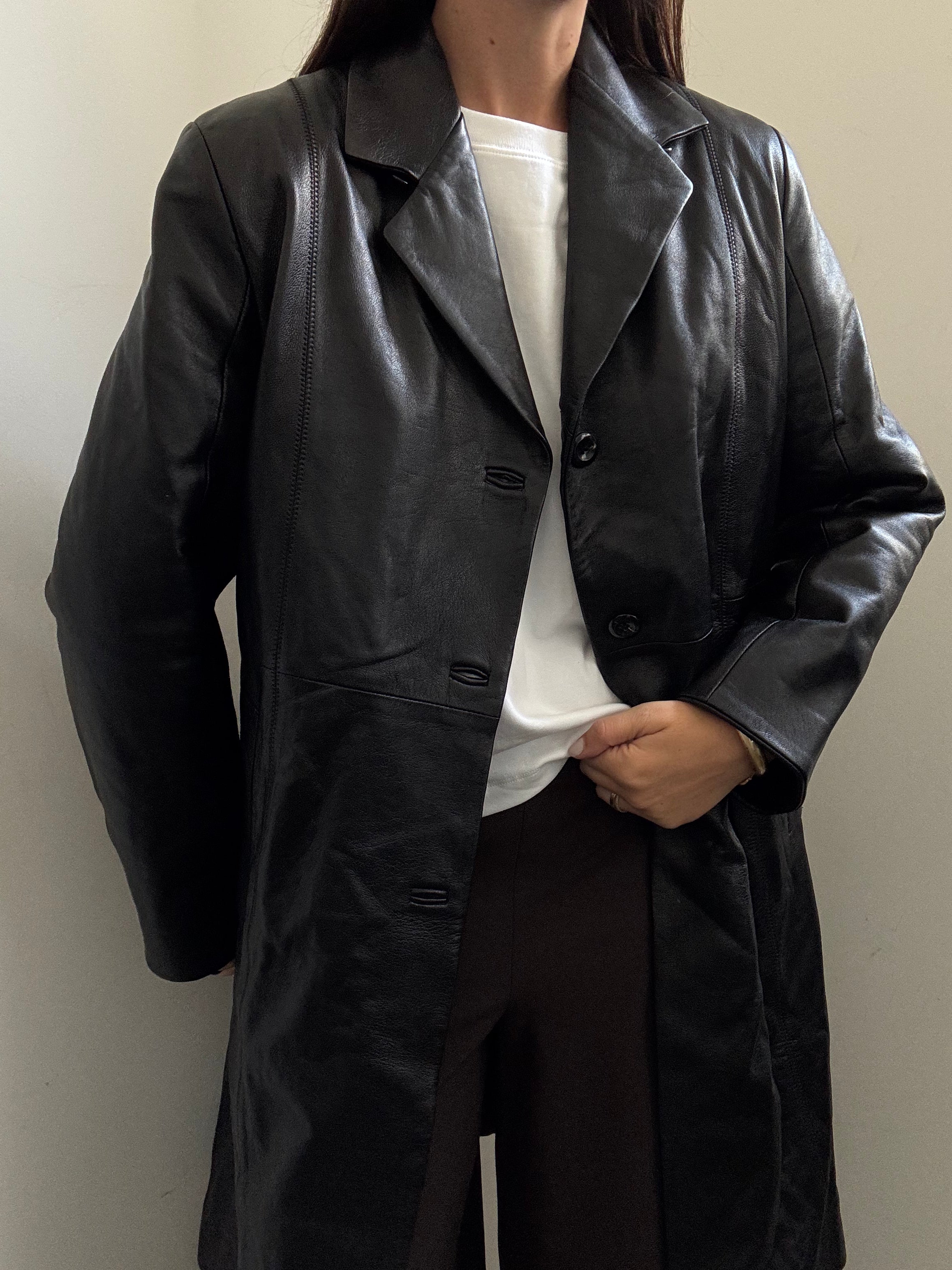 Vintage Italian Black Lambskin Leather Trench Coat Size Medium