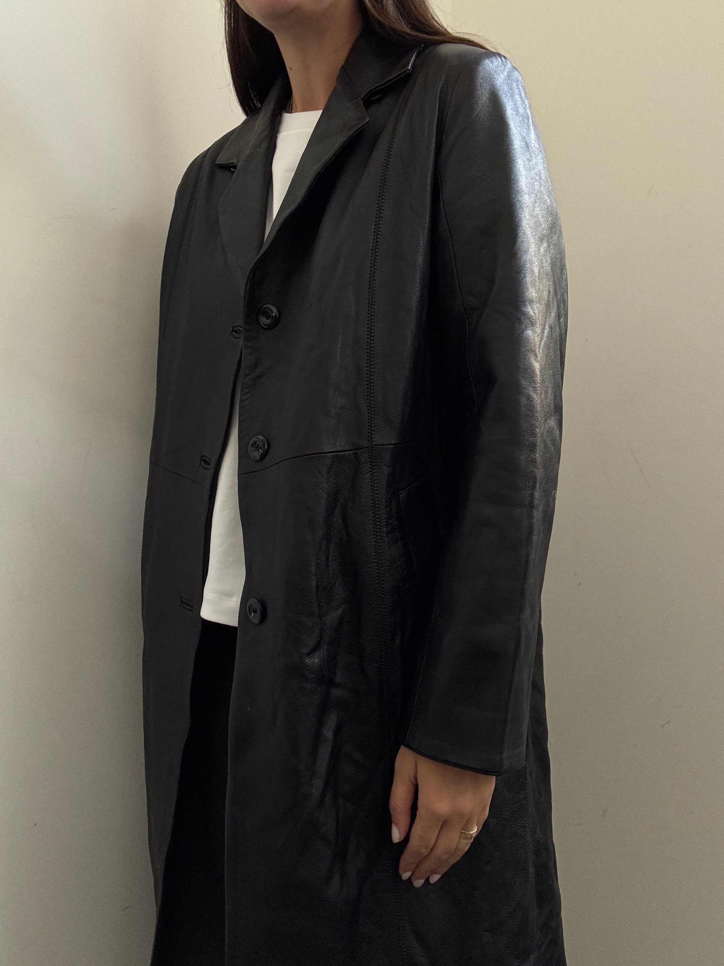 Vintage Italian Black Lambskin Leather Trench Coat Size Medium
