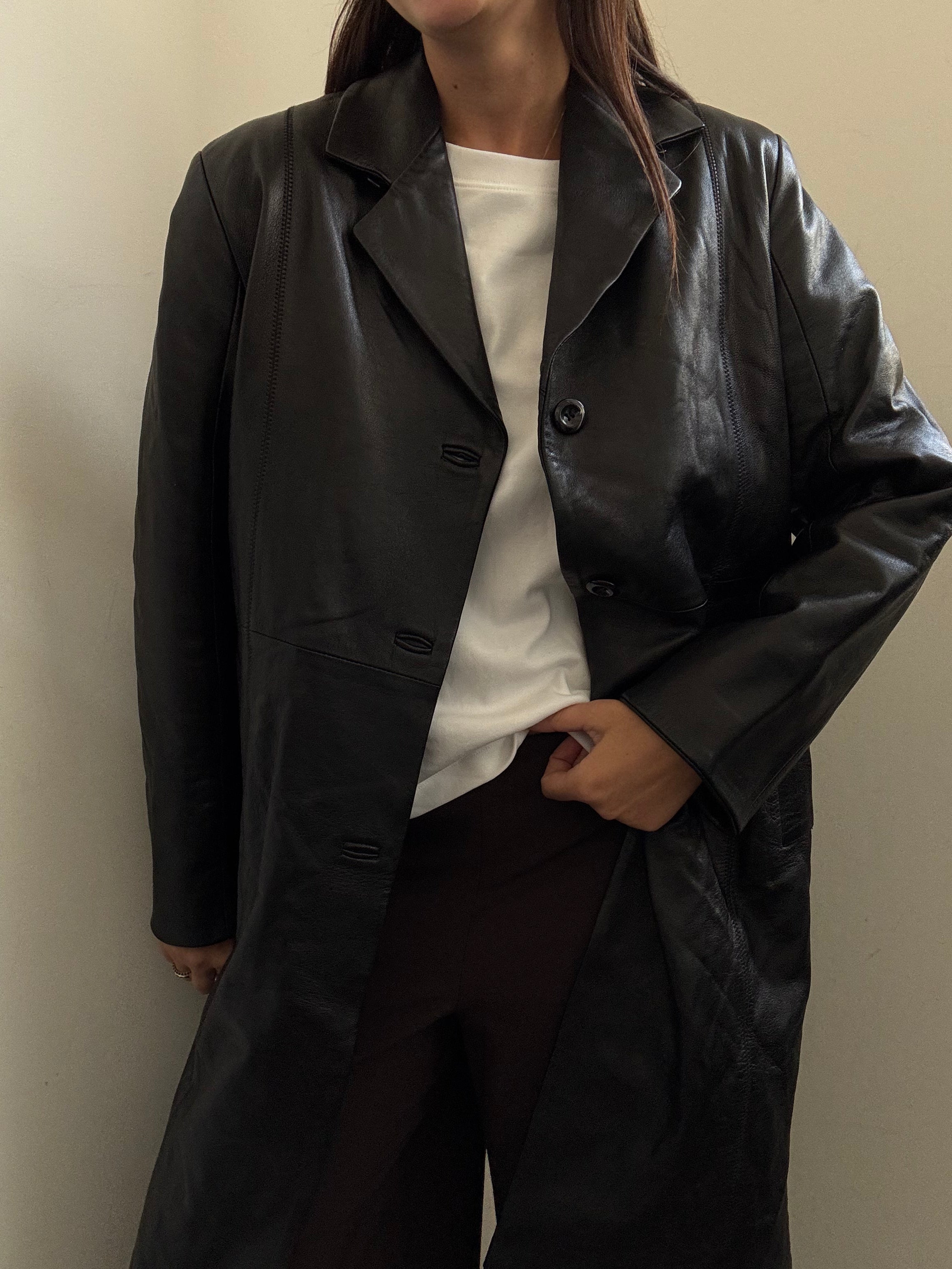 Vintage Italian Black Lambskin Leather Trench Coat Size Medium