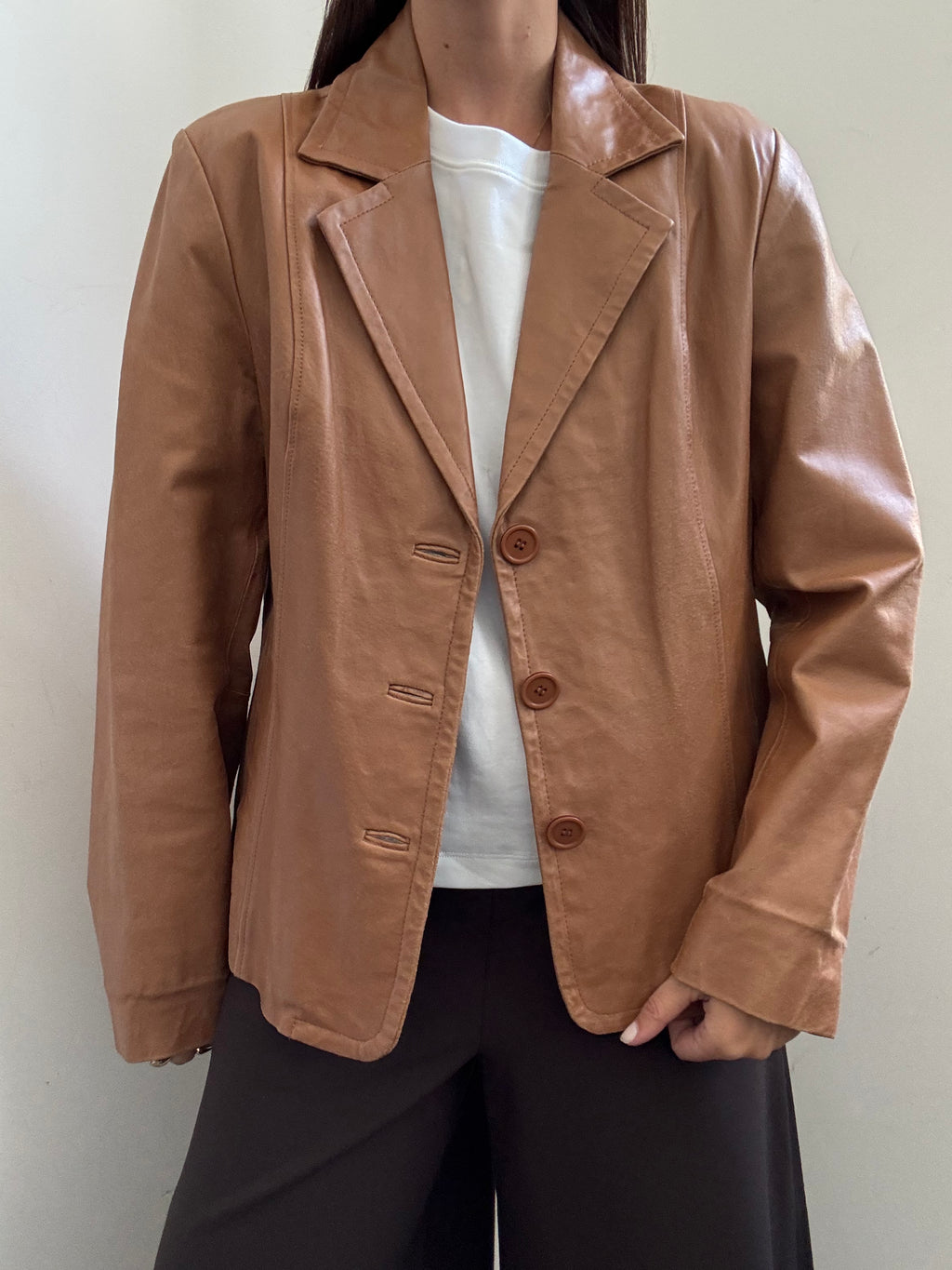 Vintage Camel Fitted Leather Buttoned Jacket Size Medium