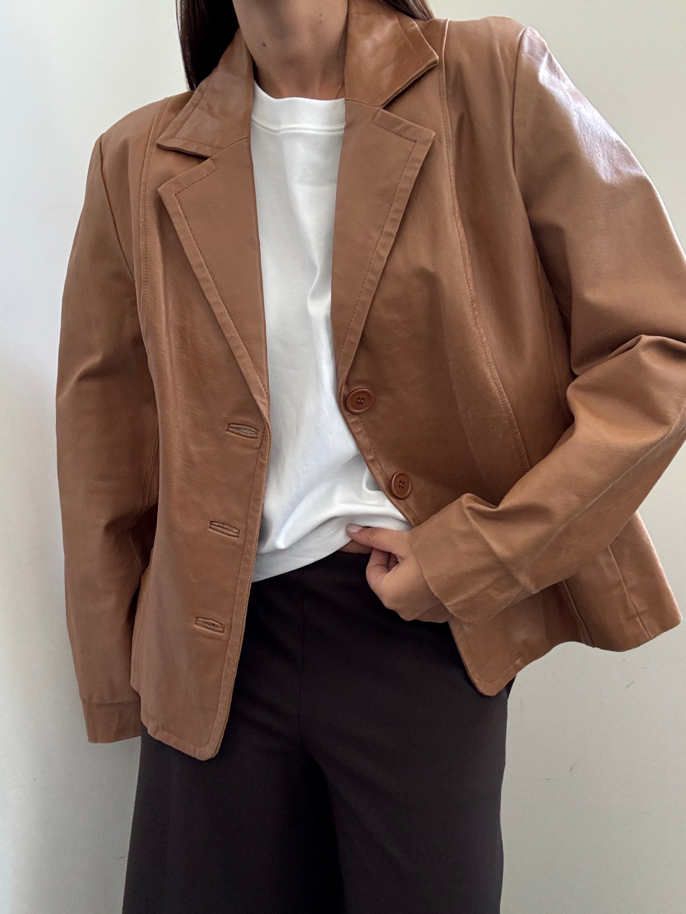Vintage Camel Fitted Leather Buttoned Jacket Size Medium