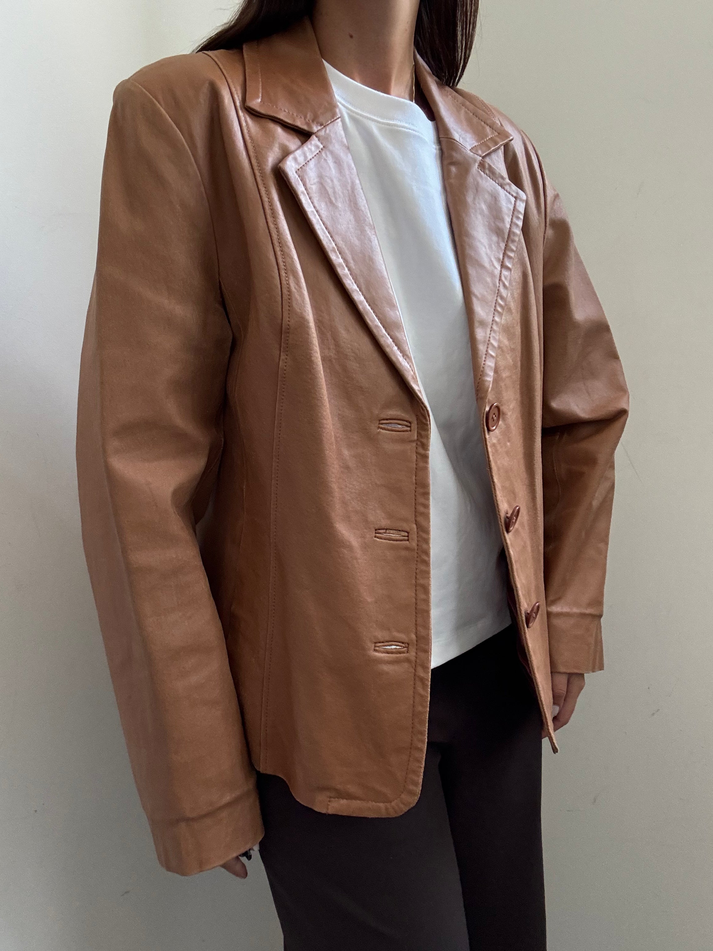 Vintage Camel Fitted Leather Buttoned Jacket Size Medium