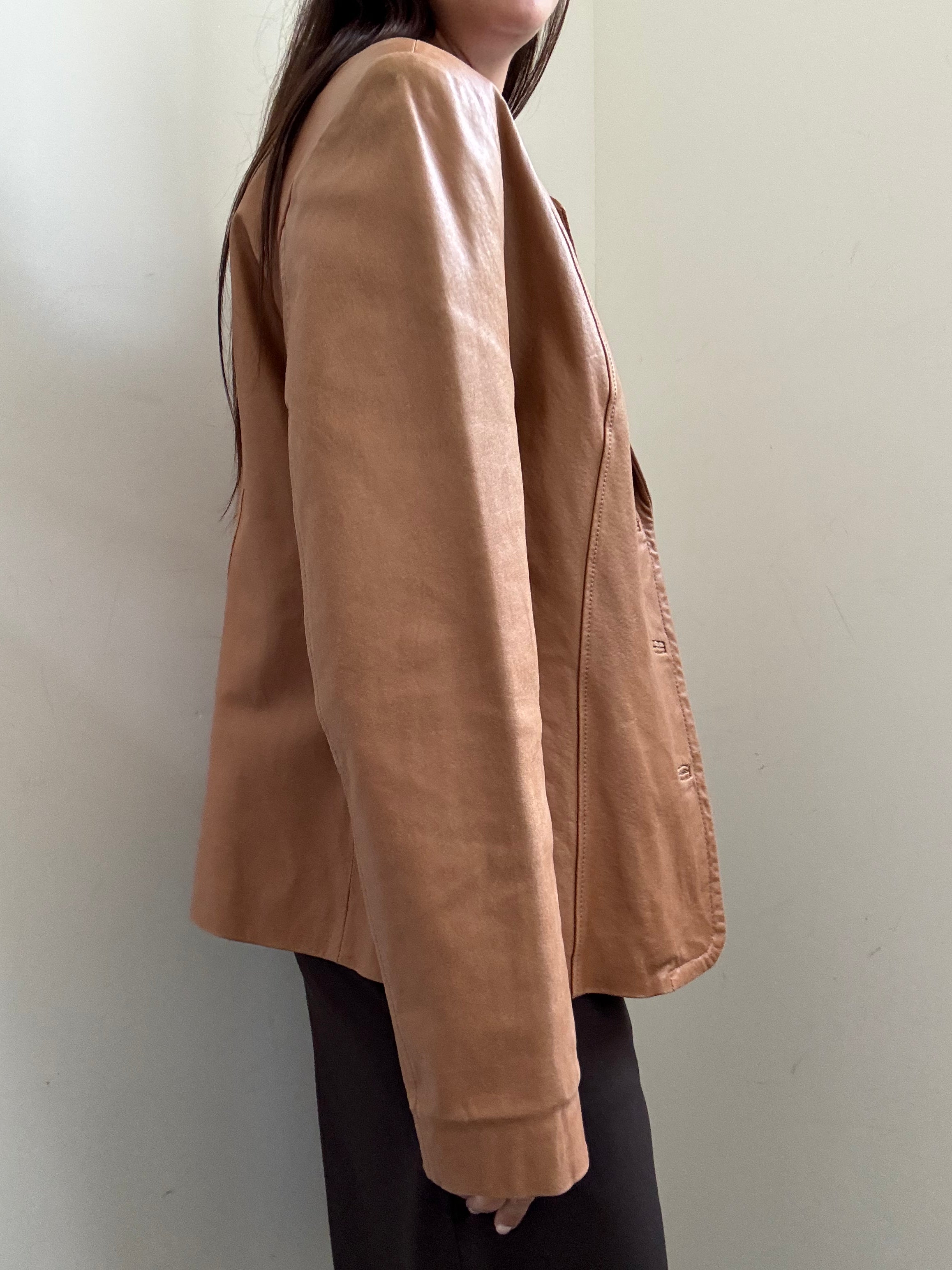 Vintage Camel Fitted Leather Buttoned Jacket Size Medium