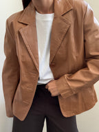 Vintage Camel Fitted Leather Buttoned Jacket Size Medium