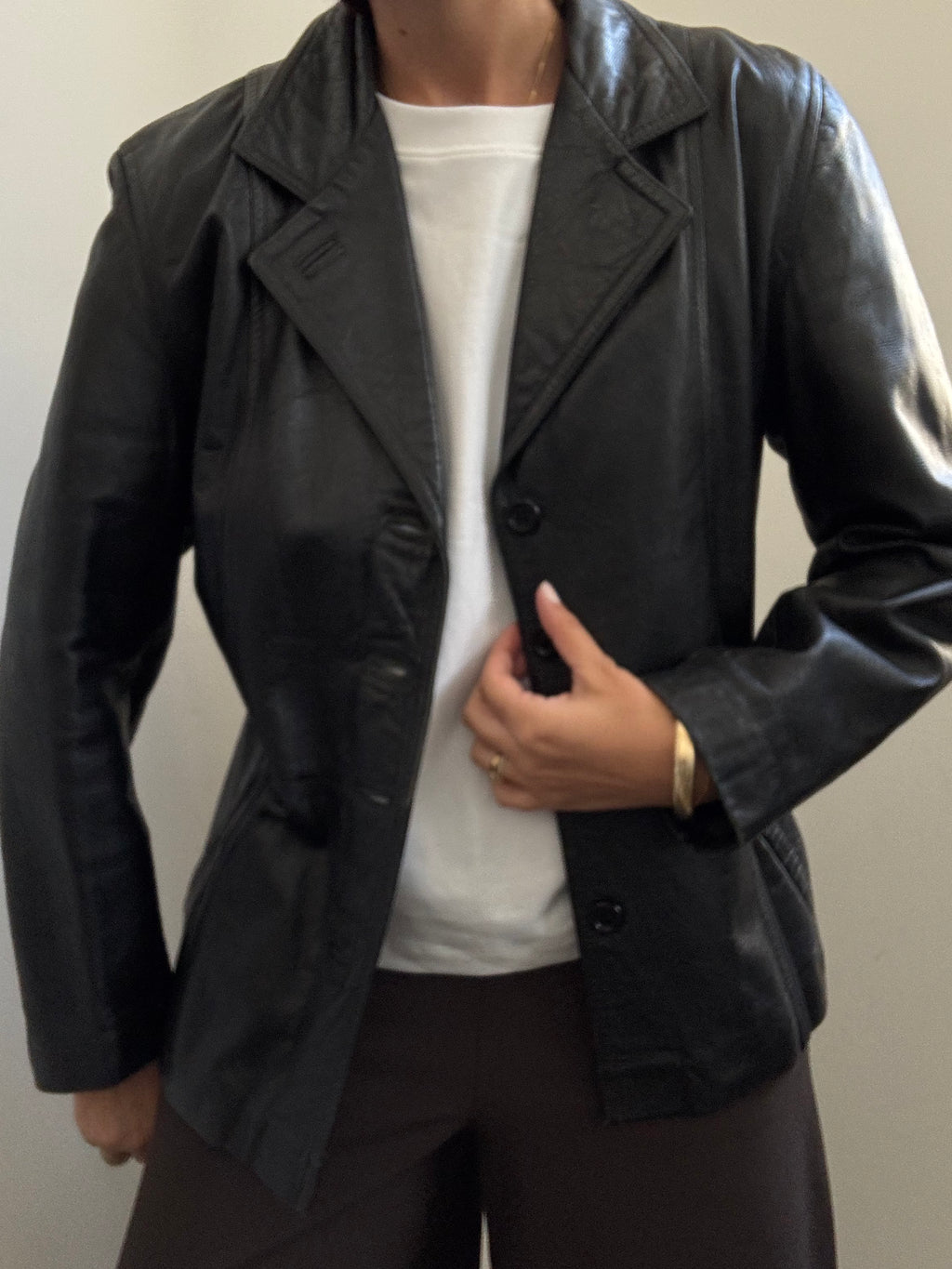 Vintage Italian Black Fitted Leather Buttoned Jacket Size SMALL