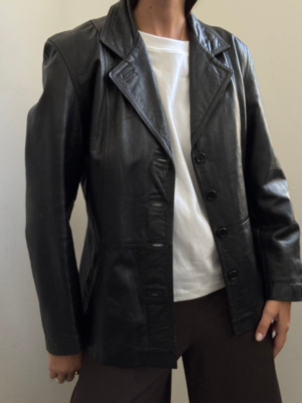 Vintage Italian Black Fitted Leather Buttoned Jacket Size SMALL