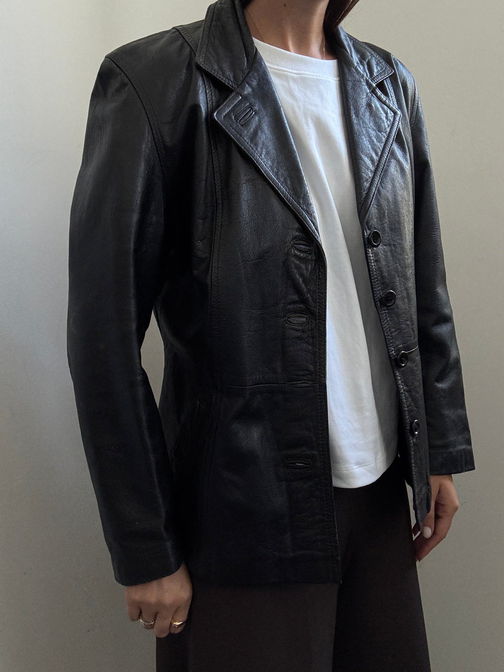 Vintage Italian Black Fitted Leather Buttoned Jacket Size SMALL