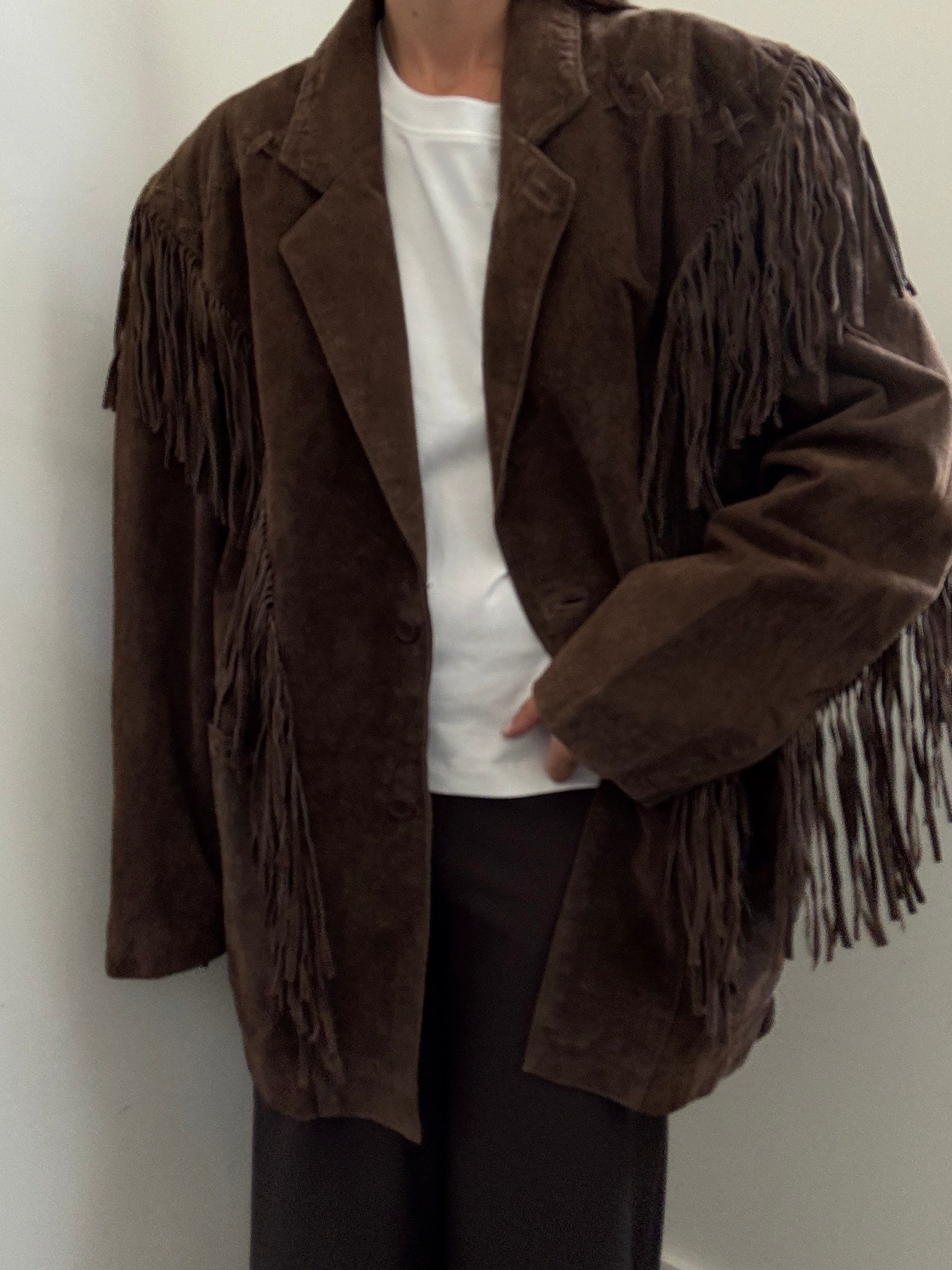 Vintage Brown Western Fringe Suede Jacket Size Large