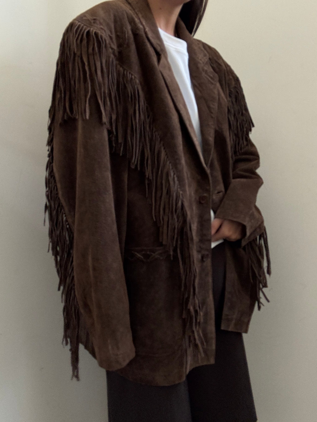 Vintage Brown Western Fringe Suede Jacket Size Large
