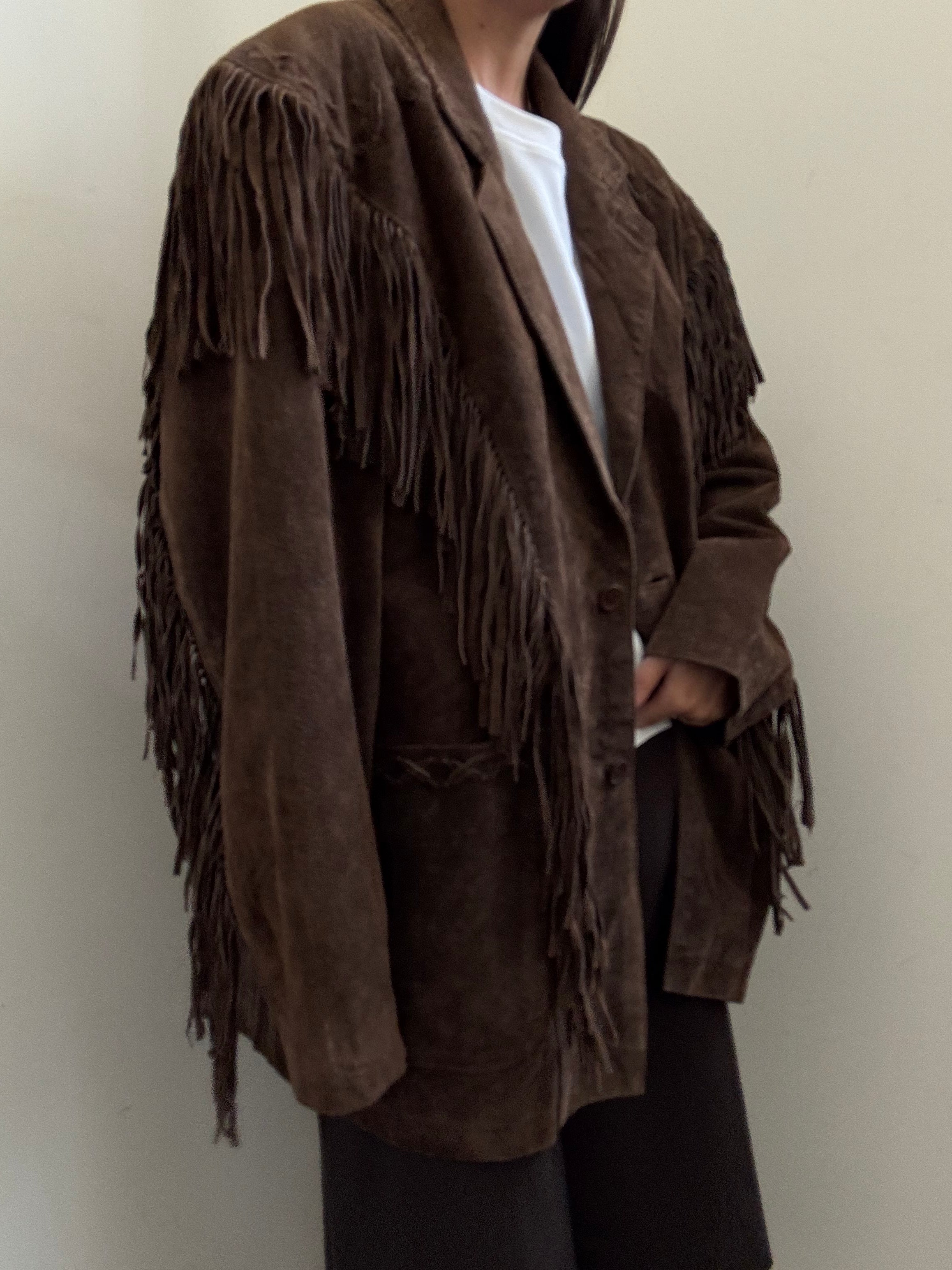 Vintage Brown Western Fringe Suede Jacket Size Large