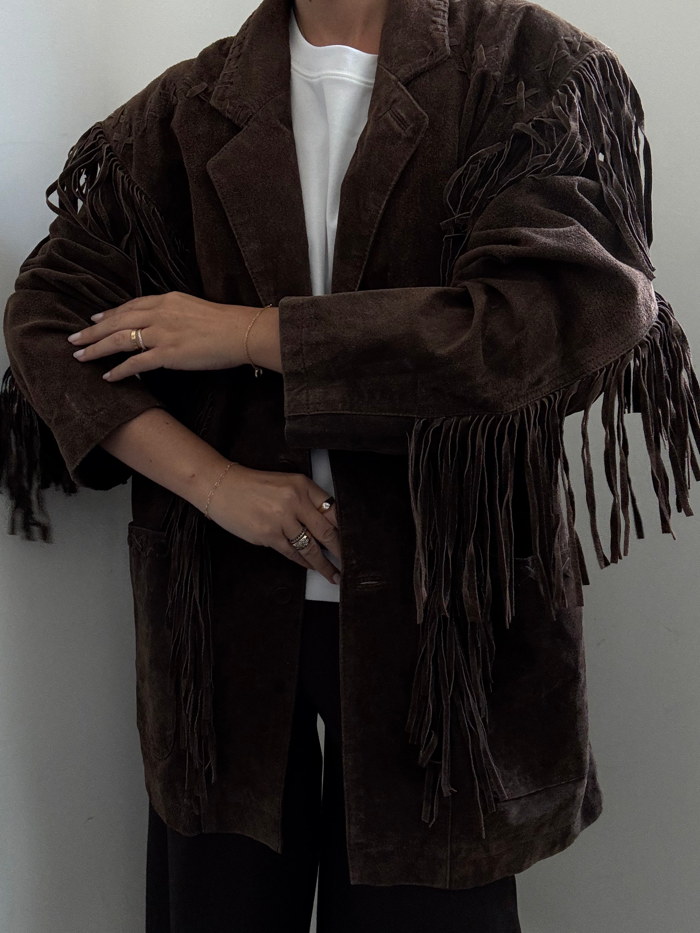 Vintage Brown Western Fringe Suede Jacket Size Large