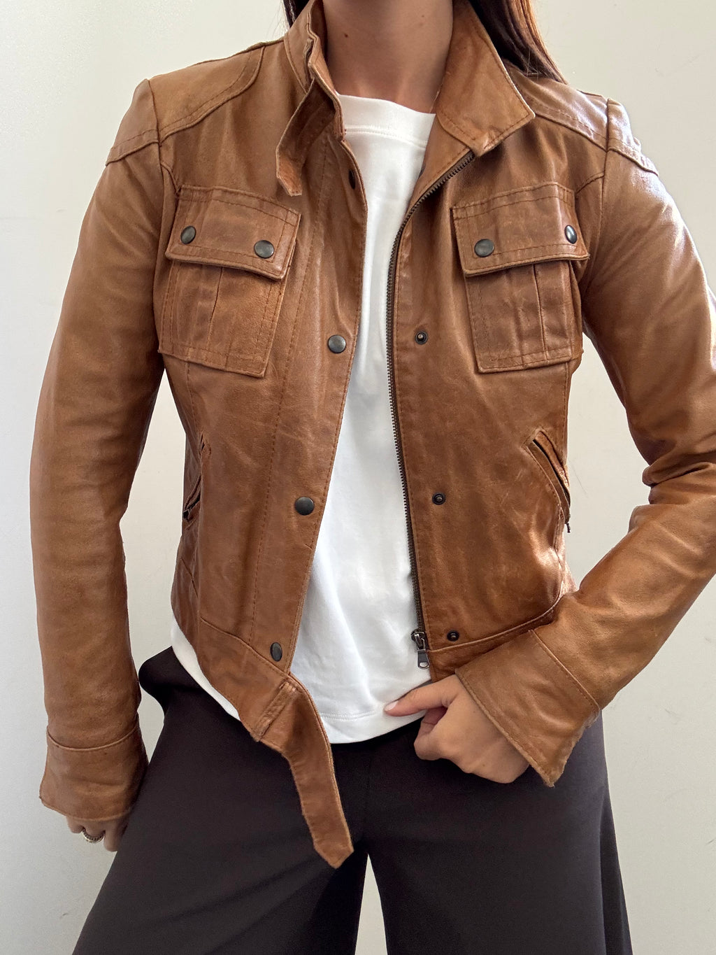 Vintage Italian Tan High Neck Moto Leather Jacket Size XS