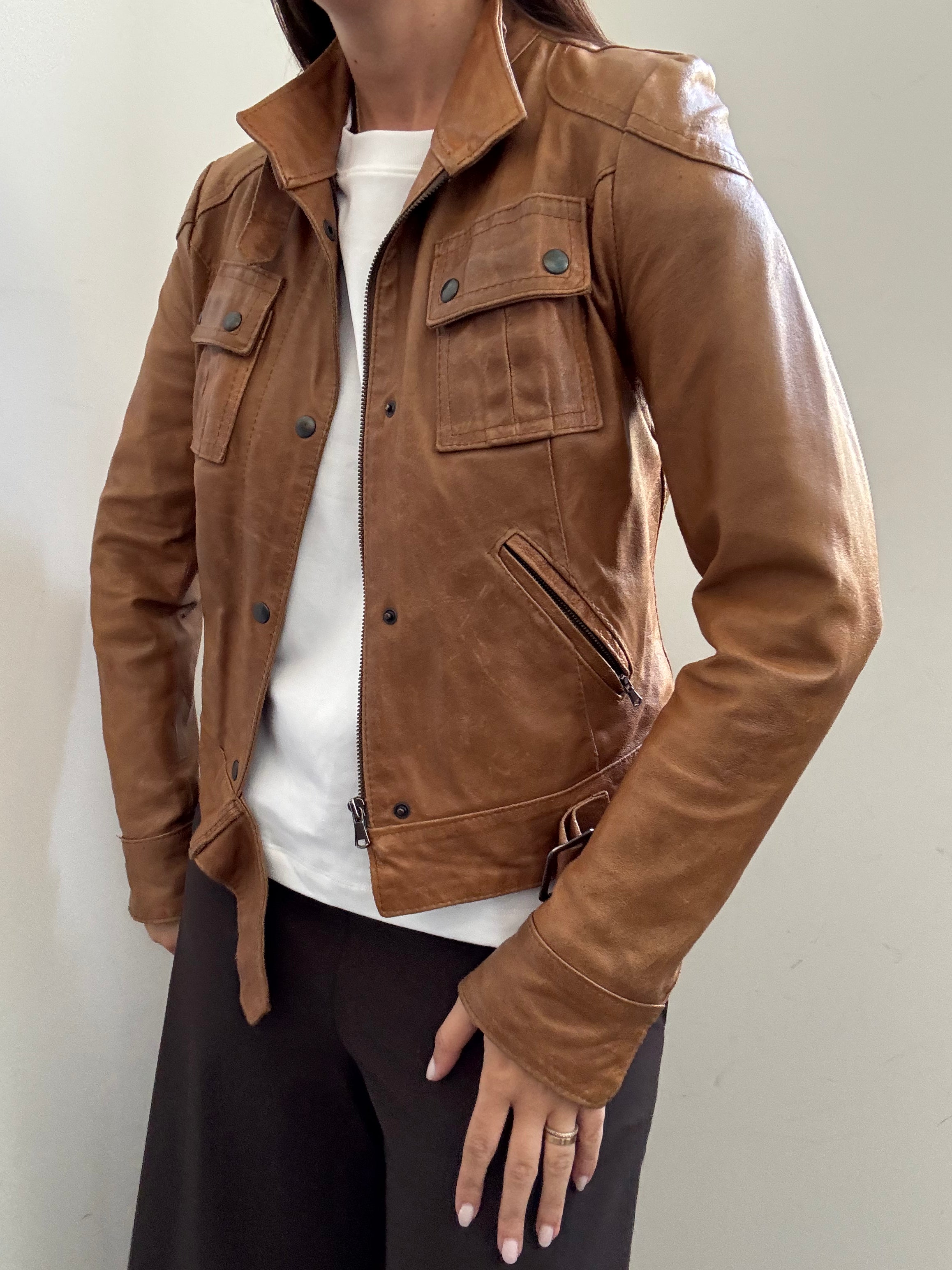 Vintage Italian Tan High Neck Moto Leather Jacket Size XS