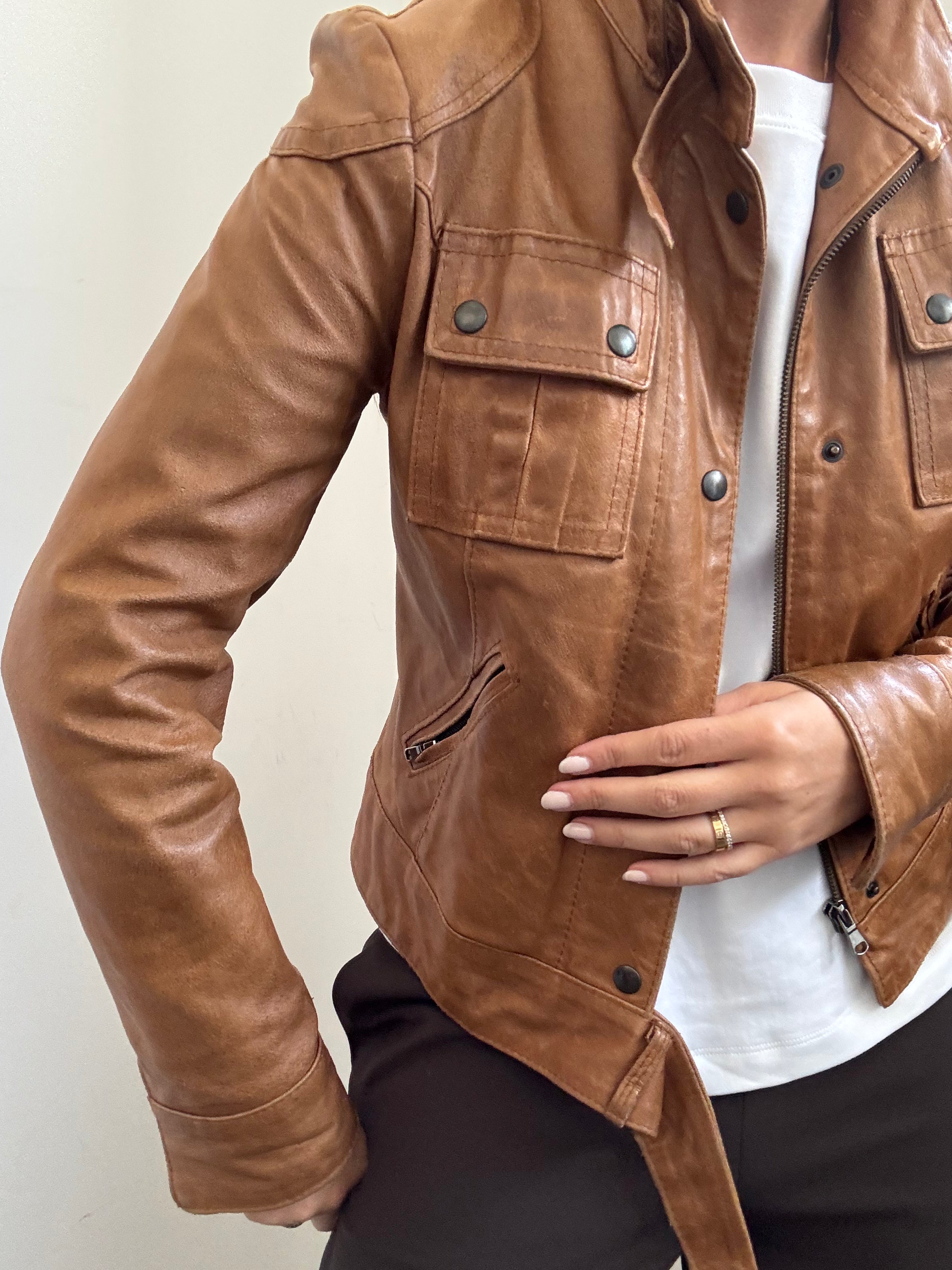 Vintage Italian Tan High Neck Moto Leather Jacket Size XS