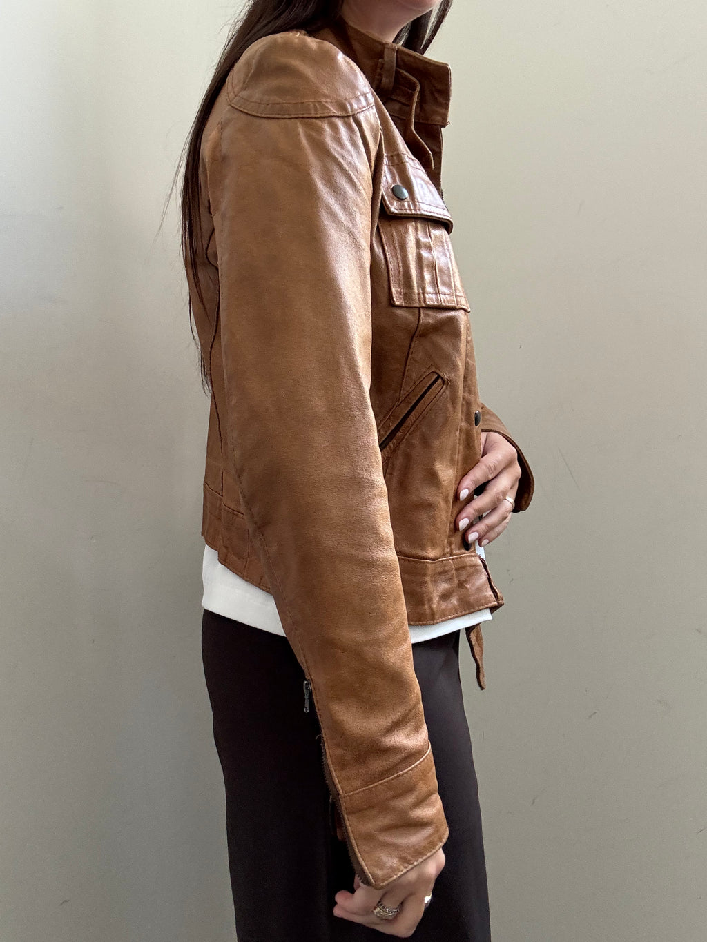 Vintage Italian Tan High Neck Moto Leather Jacket Size XS