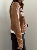 Vintage Italian Tan High Neck Moto Leather Jacket Size XS
