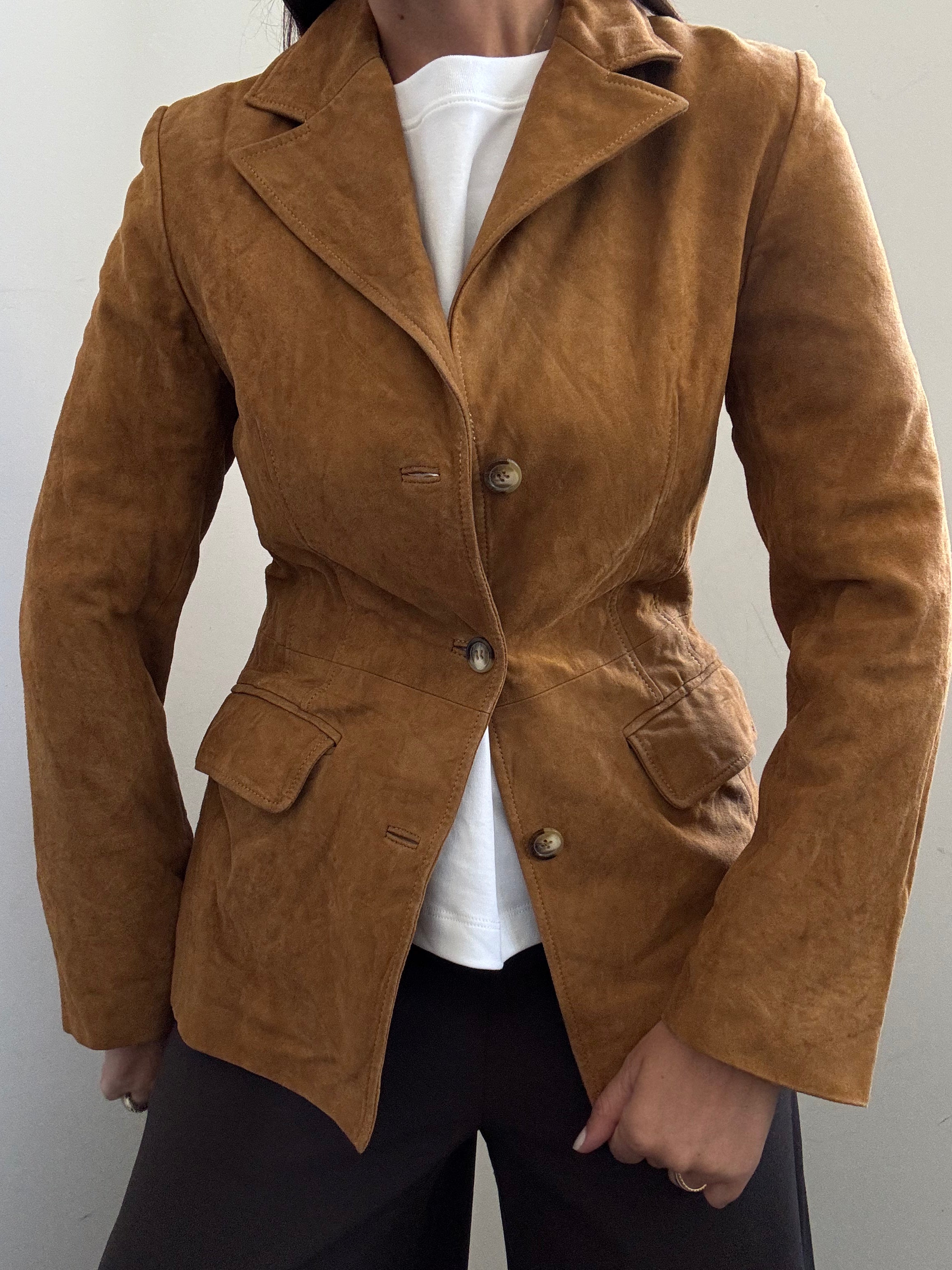 Vintage Caramel Suede Fitted Buttoned Jacket Size XS