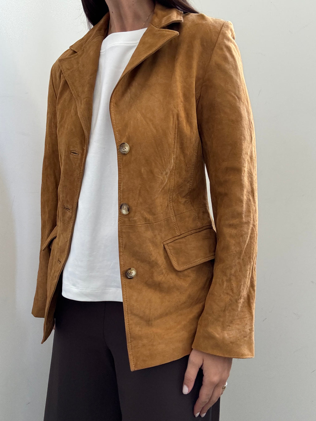 Vintage Caramel Suede Fitted Buttoned Jacket Size XS
