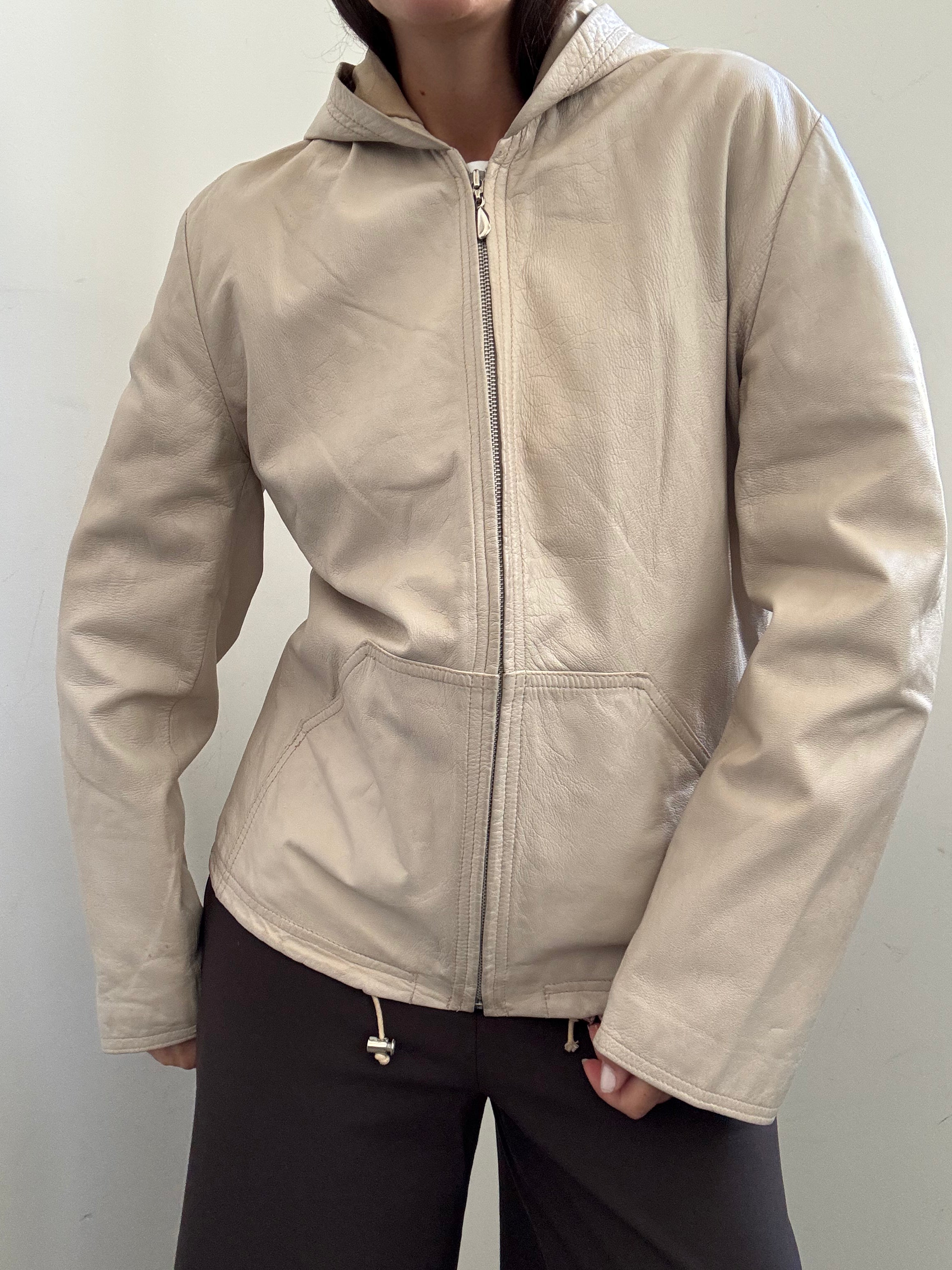 Vintage Italian Off White Hooded Leather Jacket Size Small