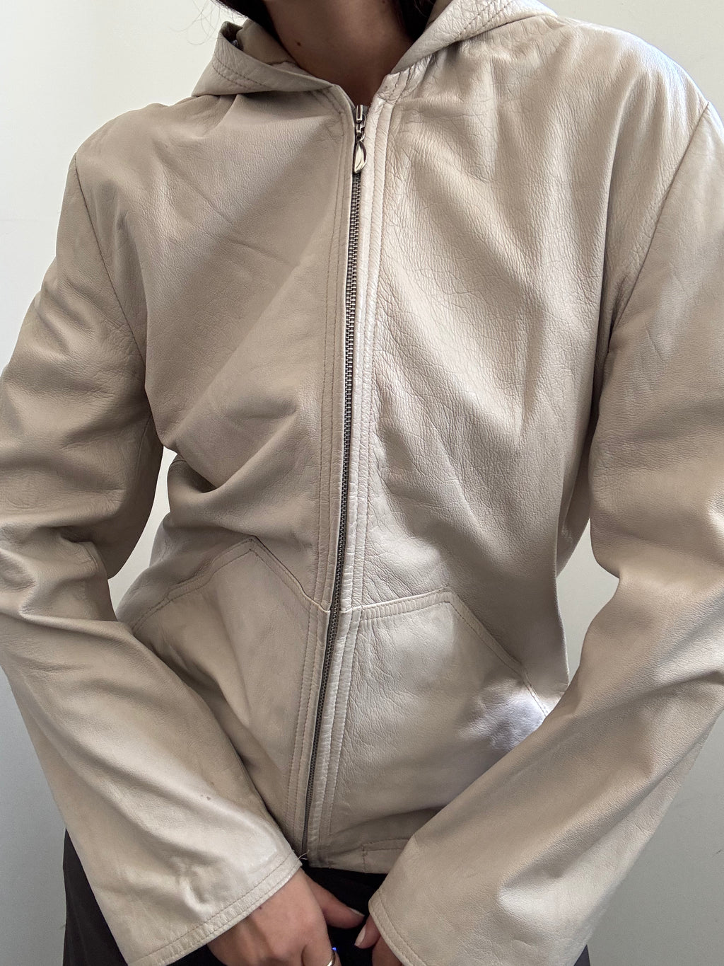 Vintage Italian Off White Hooded Leather Jacket Size Small