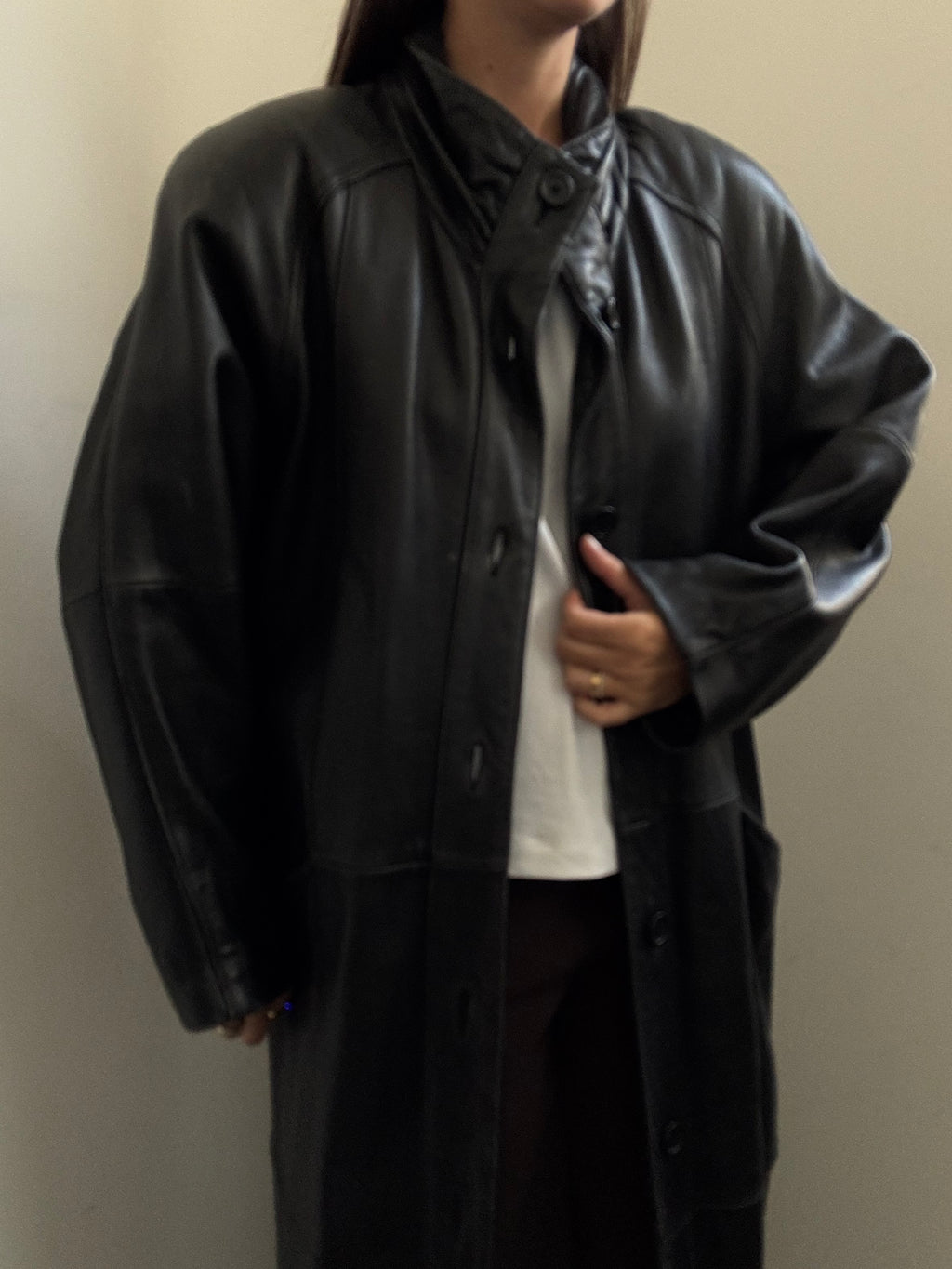 Vintage High Neck Leather Trench Coat Size Medium