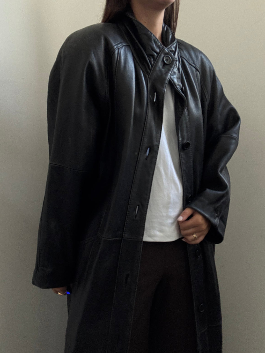 Vintage High Neck Leather Trench Coat Size Medium