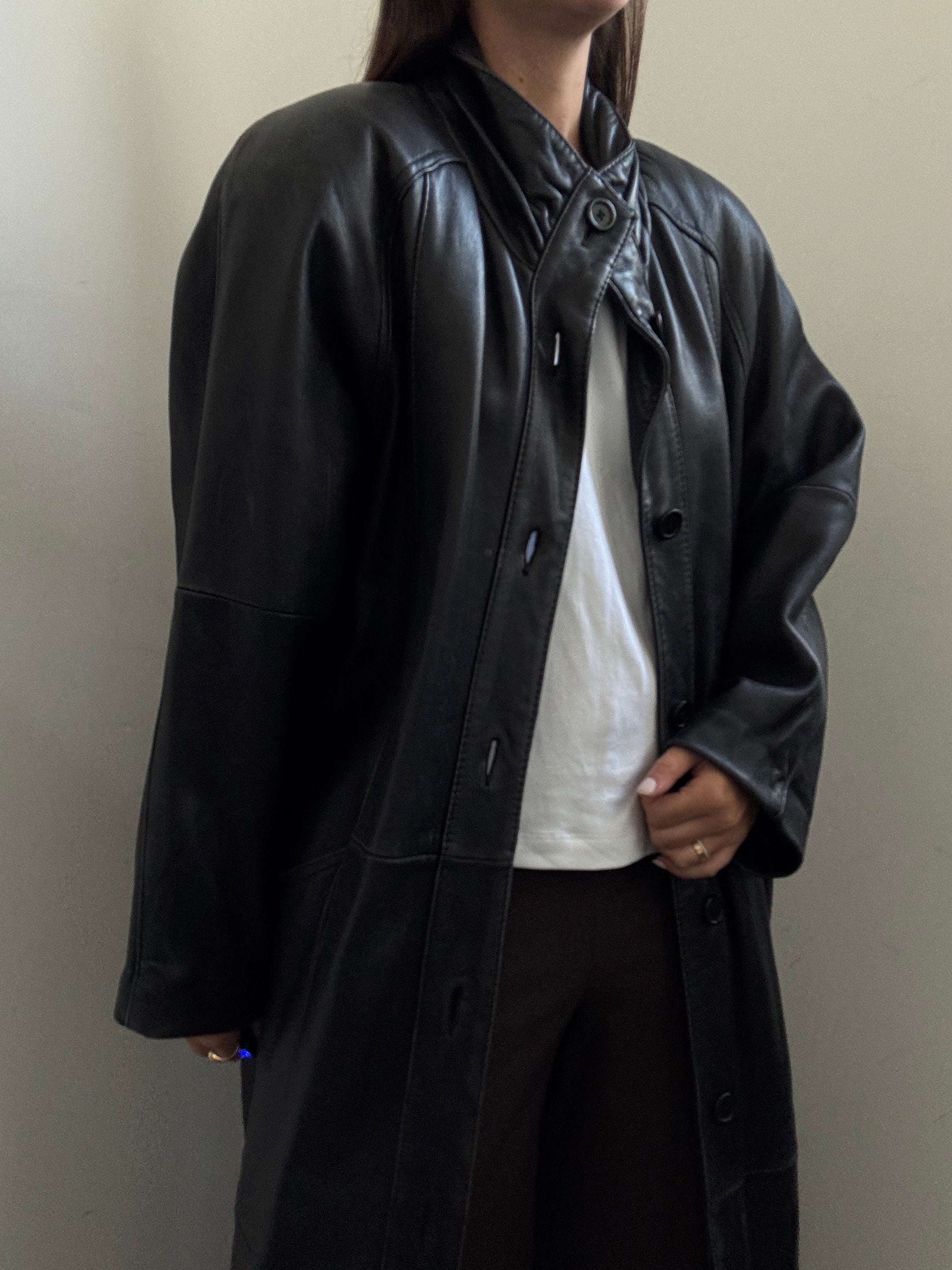 Vintage High Neck Leather Trench Coat Size Medium