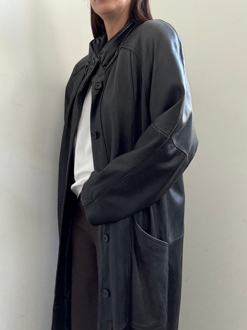 Vintage High Neck Leather Trench Coat Size Medium