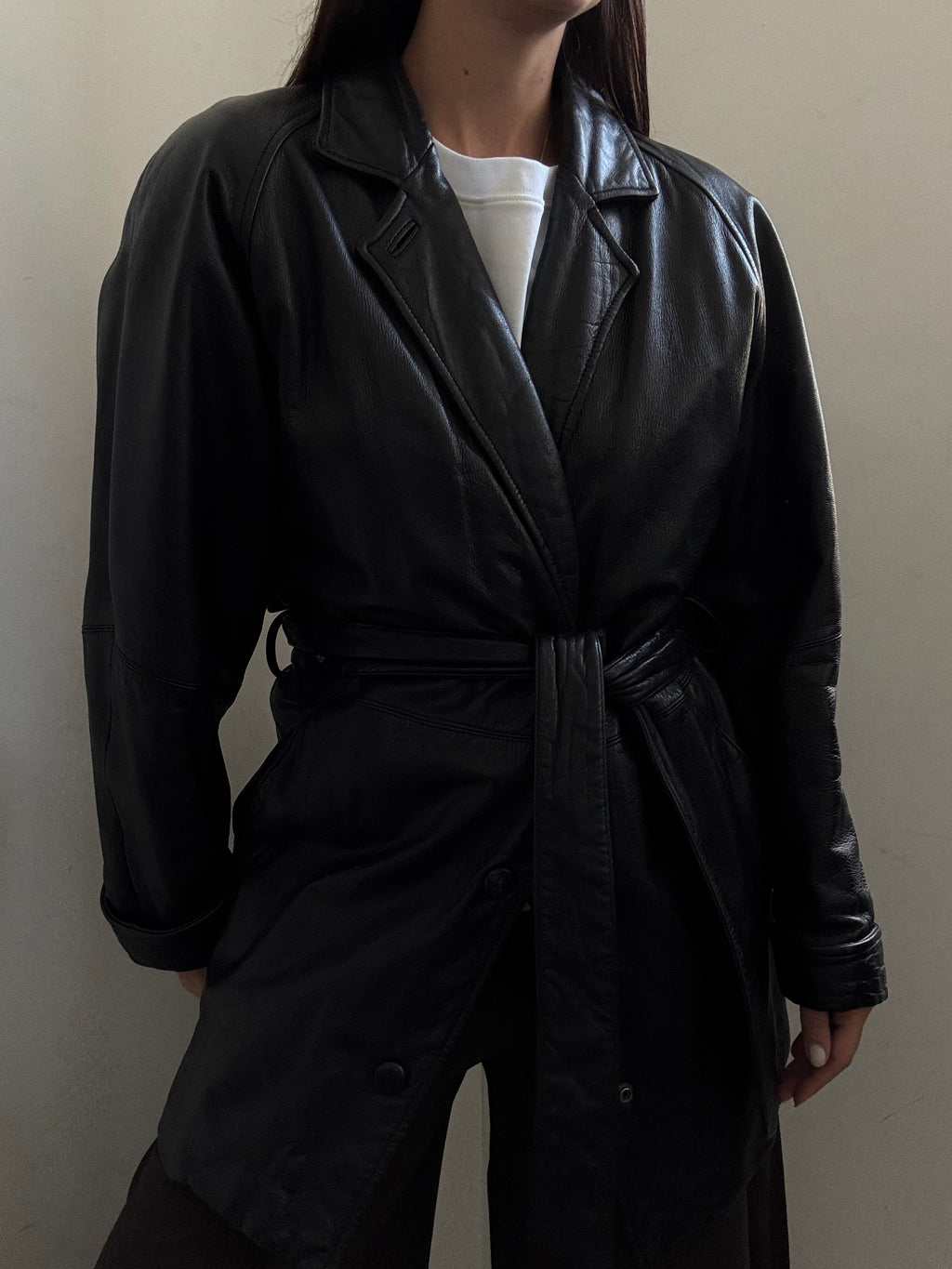 Vintage Black Belted Leather Trench Coat  Size XS