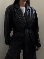 Vintage Black Belted Leather Trench Coat  Size XS